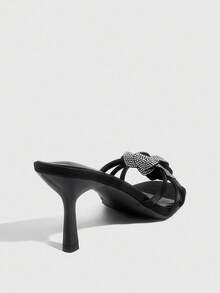 CUCCOO SZL 黑色缎面缎面银色水钻山茶花细带性感优雅法式宴会高跟凉鞋 - 黑色 - 查看 8