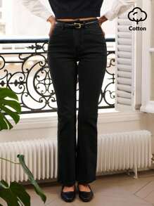 lacRébo Black Denim High Waisted Flare Jeans With Pockets Teacher Office Spring Summer - Black - View 1