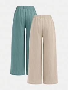 SHEIN Girlism Bộ 2 quần ống rộng rộng rãi, dệt họa tiết nơ cho bé gái tuổi teen, màu đen + kaki, phong cách thoải mái cho ngày lễ, mùa tựu trường - Màu xanh Cadet - Xem 2