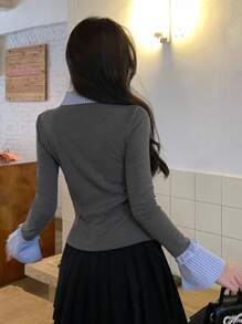 DAZY 女士条纹拼接系带荷叶边修身长袖休闲T恤 - 灰色 - 查看 7