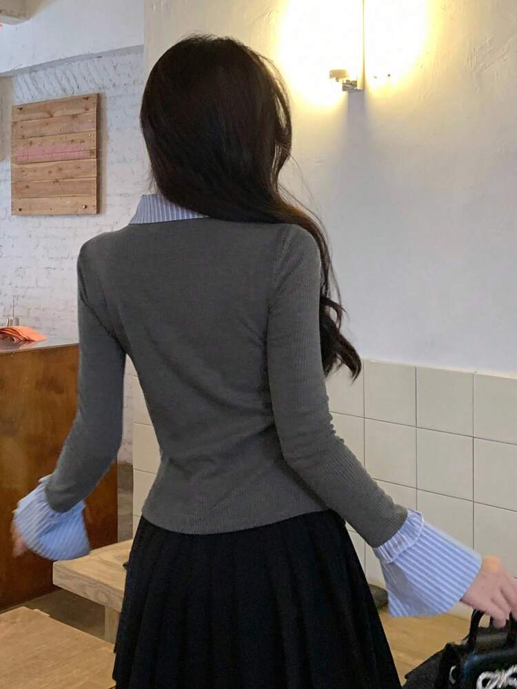 Women's Striped Patchwork Tie-Up Frill Trim Fitted Long Sleeve Casual T-Shirt