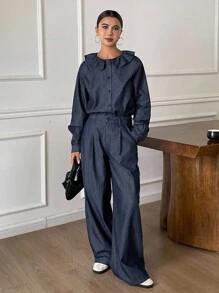 DAZY 2pcs Women Peter Pan Collar Long Sleeve Denim Cardigan Top And Loose Straight Leg Pants Casual Denim Suit - Medium Wash - View 6