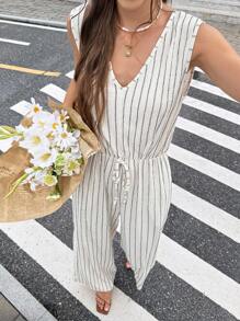 SHEIN Frenchy Bộ đồ liền thân rộng rãi không tay hở lưng cổ chữ V sọc dọc dành cho nữ - Màu be - Xem 4