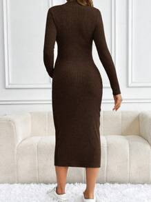 SHEIN Maternity Casual Solid Color Stand Collar Fitted Dress, Autumn/Winter Brown Long Sleeve For Winter Ribbed Cotton - Coffee Brown - View 2