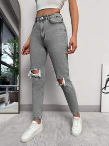 EURMUSE 100% Baumwolle Zerrissene, ausgefranste, ausgeschnittene Skinny Jeans - Grau - Übersicht 4