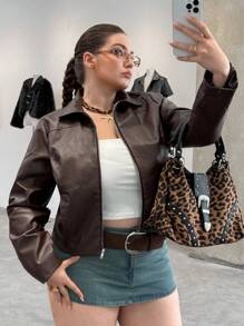 SHEIN EZwear 大码女式休闲日常拉链前夹克，秋季，冬季 - 咖啡棕 - 查看 1