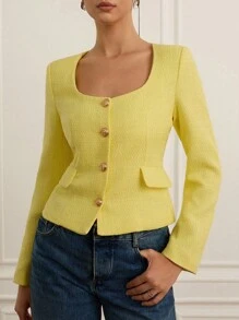 Chiquease 粗花呢面料，纽扣装饰，优雅修身腰部百搭通勤女式夹克 - 黃色 - 查看 1