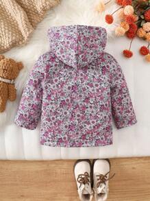 SHEIN Vintaside Kids Vintage Ditsy Floral Hooded Jacket For Baby Girls, Zipper Closure, Thermal Lined, Casual & Fashionable Winter Outerwear Fall