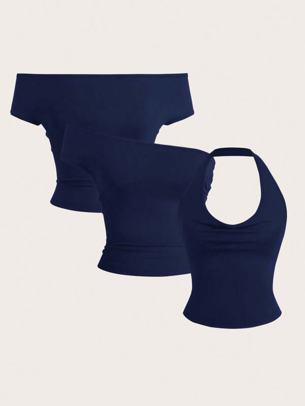SHEIN EZwear 1pc Plus Size Women Versatile 3-In-1 Design Top Navy Blue Halter Top Navy Blue Off The Shoulder Top Navy Blue Crop Top,