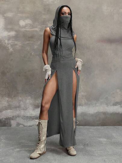 Grunge Punk Y2K Millennium Retro Apocalyptic Hooded Plunging Neckline High Slit Dress