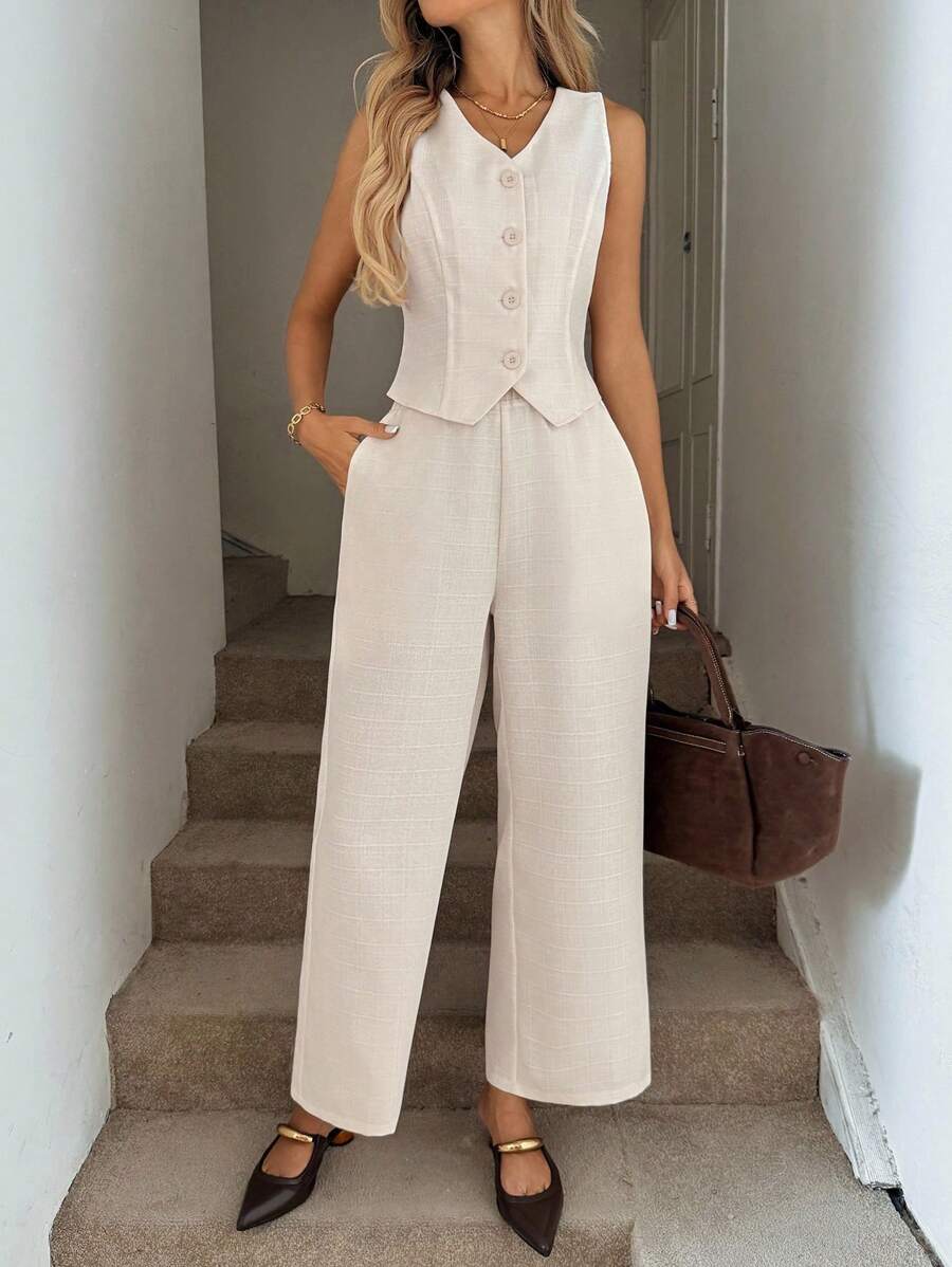 Easowa V 领不对称下摆纽扣前无袖衬衫背心和松紧腰侧袋阔腿裤套装，休闲宽松通勤风格，女士粗花呢面料 - 彩色 - 查看 1