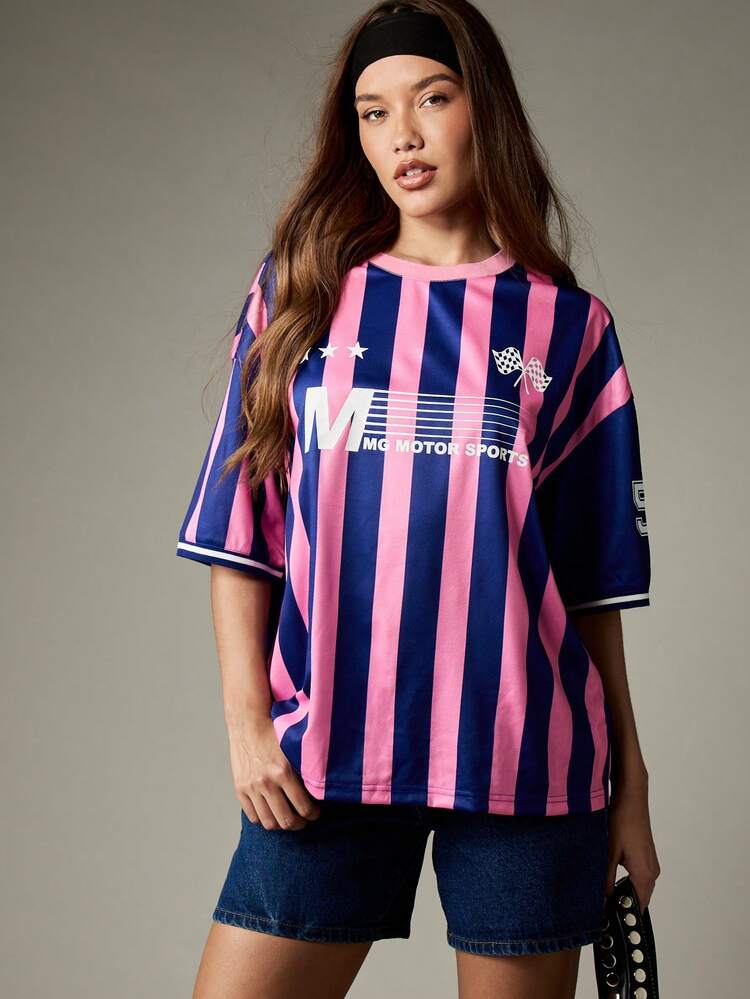 MISSGUIDED MG Motor Sports Striped Oversized Jersey T-Shirt Racing Flags Retro Graphics Casual Summer Baseball Streetwear