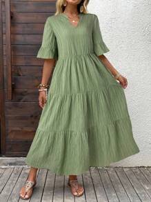EMERY ROSE Women's Solid Color Minimalist Casual Mid-Length Dress, Short Sleeve Green Maxi Dress Casual Maxi Dress Short Sleeve Maxi Dress Women Summer Dress Vacation Dress Fall Clothes,Casual Dresses For Women Chic Dress - Green - View 3