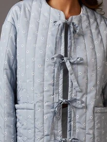 Athîral Women's Ditsy Floral Front Tie Long Sleeve Loose Winter Jacket ,Quilted Jacket Baby Blue Jacket ,Winter Women Outfits ,Daily,Casual Woman - Multicolor - View 6