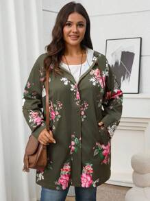 EMERY ROSE Plus Size Women Dark Green Floral Print Long Sleeve Hooded Trench Coat,Autumn Casual Hiking Loose Bohemian Winter Clothes Outwear With Pockets - Multicolor - View 4