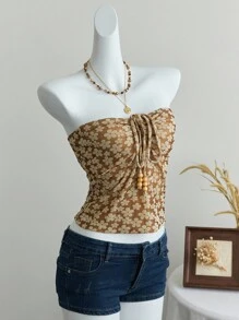 Flirla Women's Floral Jacquard Beaded Lace-Up Camisole Top - Coffee Brown - View 5