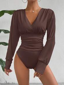 SHEIN Essnce Plus Size Women's Bodysuit,Brown,Autumn,Elegant,Night Out Club,Cute White Top,Valentine Day Outfits,Spring Vacation Clothes,Casual Tops - Brown - View 6