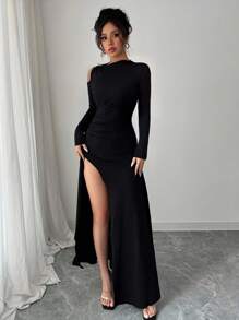 INAWLY 女士优雅修身金属扣装饰露肩性感高开叉连衣裙 - 黑色 - 查看 4