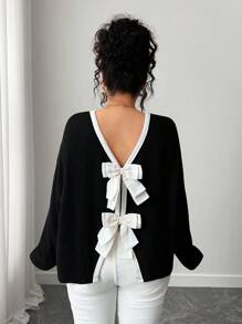 SHEIN CURVE+ 女式 V 领针织开衫，后背双蝴蝶结，长袖上衣，适合秋季穿着 - 黑色 - 查看 2