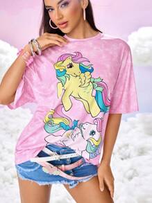 My Little Pony X SHEIN Women's Casual Everyday Street Chic Cartoon Pegasus & Tie-Dye Print Loose Fit T-Shirt, Summer - Pink - View 6