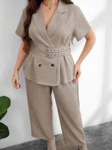 Modelyn Bộ vest 2 món cỡ lớn dành cho nữ: Áo khoác tay ngắn có eo điều chỉnh và quần ống đứng, trang phục công sở thanh lịch - Màu be - Xem 5