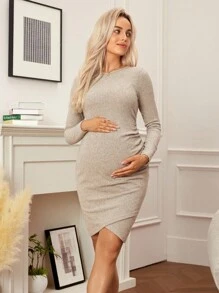 SHEIN فستان حمل بياقة مستديرة ولون أحادي، أكمام طويلة راجلان، مطوي مناسب للجسم - لون مشمشي - مشاهدة 3