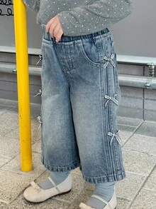 DAZY Baby Girl Versatile Bow Decor Washed Denim Jeans Fall, Winter - Light Wash - View 2