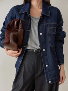 Dazy-Less 女士宽松商务休闲工装风格牛仔夹克，大口袋，适合秋冬季