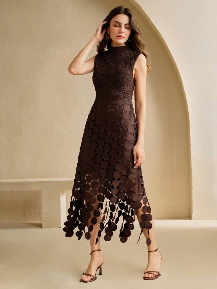 バケーションスタイル ノースリーブ スタンドカラー ウエストシャーリング タッセル装飾 レディースドレス、教師の日に適しています