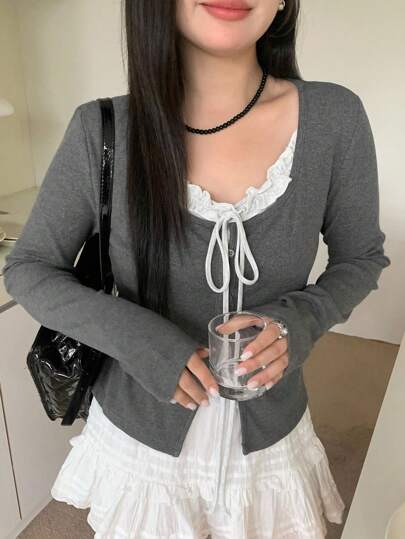 Dazy Plus 撞色拼接二合一系带长袖T恤，大码女款秋季