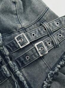 ROMWE Grunge Punk Y2K 磨边水洗做旧肩部镂空荷叶边超迷你牛仔吊带裙，浅蓝色 - 淺藍色 - 查看 4