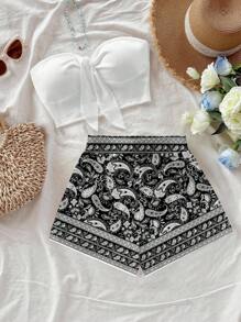 Soleia 2 件套女士休闲度假风格佩斯利波西米亚图案蓝色几何复古印花套装，春假氛围，波西米亚风