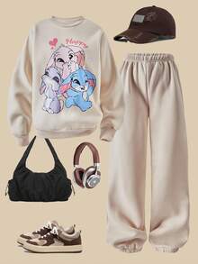 SHEIN 2 件套女童休闲可爱兔子图案连帽衫和裤子套装，秋冬 - 杏色 - 查看 3