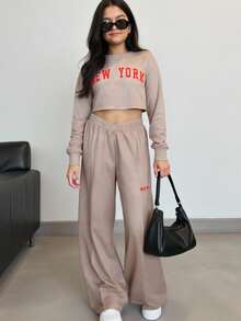 SHEIN Explorewe HYPEME 青少年女孩休閒時尚設計 水洗沙色圓領字母印花衛衣與寬鬆舒適日常簡約運動褲 2件套 - 卡其色 - 查看 5