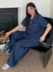 Dazy Plus 2 件大码女式牛仔套装 - 宽松翻领牛仔上衣和松紧腰宽松牛仔裤，深色水洗秋冬