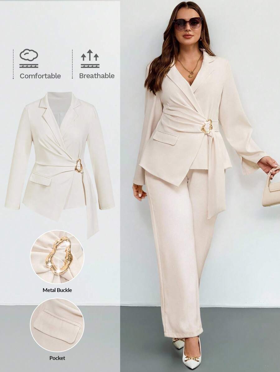 SHEIN Clasi 大码女式纯色不对称下摆翻领长袖优雅西装外套 - 黑色 - 查看 1