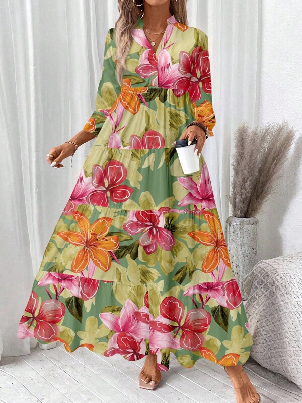EMERY ROSE Women's V-Neck Pleated Long Sleeve Dress, Suitable For Autumn