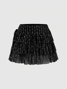 SHEIN SXY Plus Size Women Solid Color Sequin Multi-Layer Ruffle Hem Short Fashion Mini Skirt,Club Outfits Women Sexy; Sequin / Rhinestone
