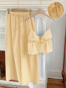 Comfortcana 2件套黄色条纹梭织女士度假休闲套装 - 黃色 - 查看 5