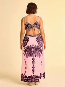 CAJUNI 女式波西米亚风香蕉树和菠萝印花镂空腰后绑带无袖粉色连衣裙，假日休闲夏装 - 粉色 - 查看 2
