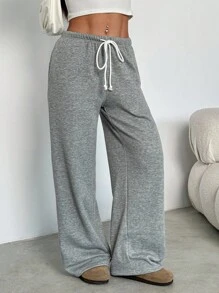 SHEIN PETITE Women's Casual Minimalist Straight Leg Thermal Lined Pants, Slim Fit, Versatile Sportswear Fall Cloth For Women