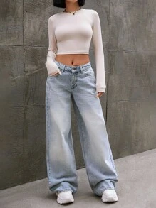 EURMUSE WOMEN MID WAIST WIDELEG BLUE DENIM CASUAL STREET WEAR - Medium Wash - View 5