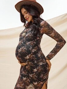 Boho Mama 孕妇圆领插肩长袖透视开衩碎花修身连衣裙 - 彩色 - 查看 3