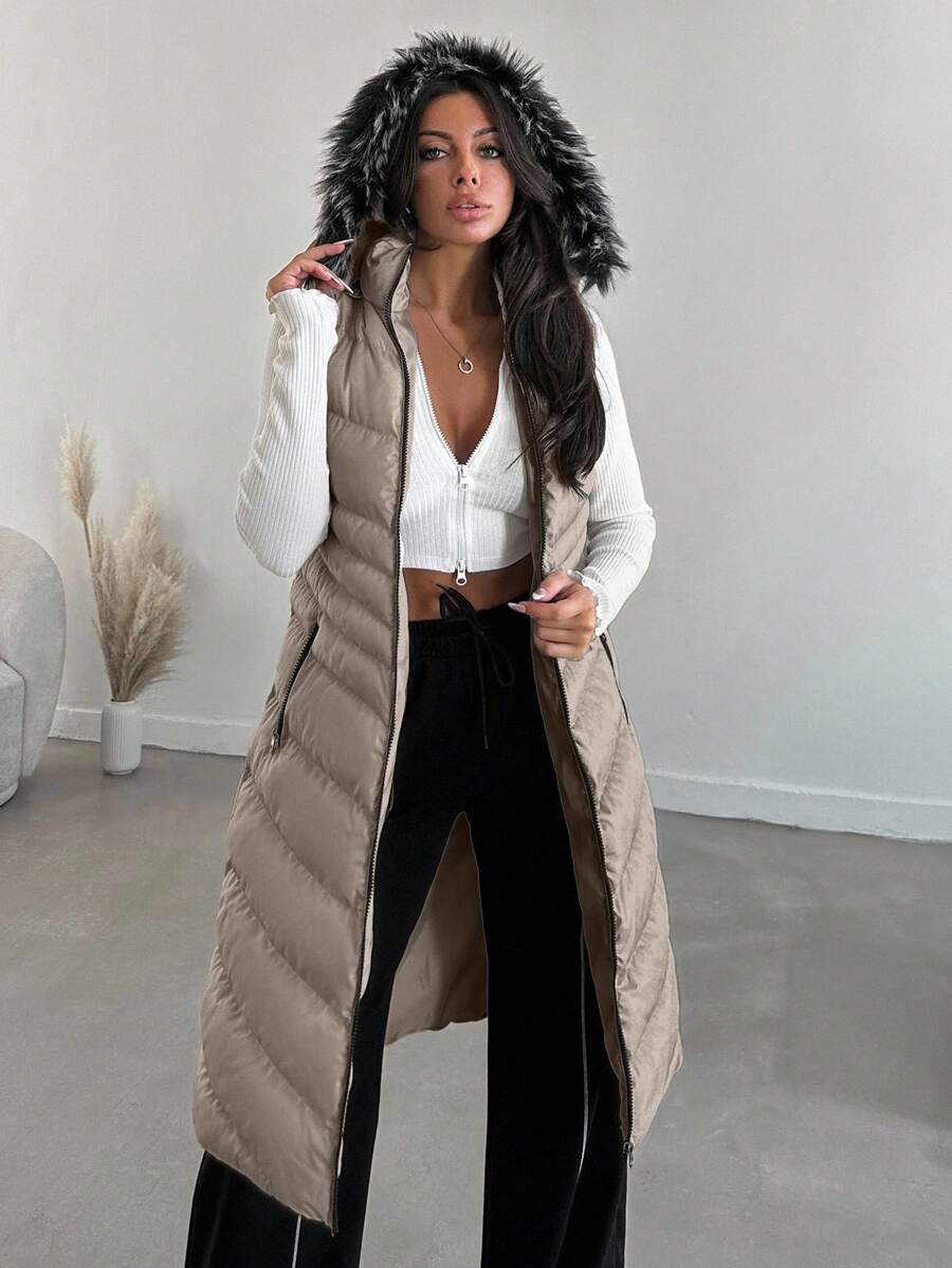 EURMUSE Casaco De Inverno Feminino Longo Com Capuz, Sem Mangas, Com Zíper Frontal - Bege - Ver 1