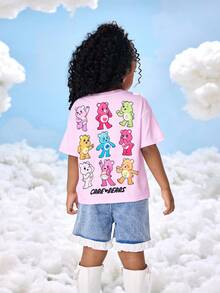 SHEIN X Care Bears 少女卡通熊图案圆领宽松休闲短袖针织T恤夏季 - 粉色 - 查看 2