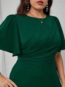 Modelyn Plus Size Women's Solid Color Round Neck Ruffle Short Sleeve Pleated Elegant Dress,Fall Clothes For Women - Dark Green - View 7
