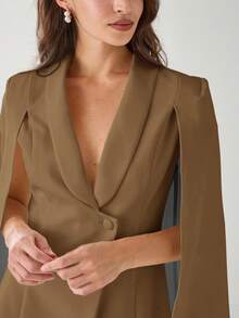 Enchnt Women's Fashionable Elegant Elegant Solid Color Shawl Neck Cape Sleeve Blazer Dress In Fall/Winter - Brown - View 5