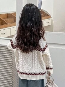 DAZY 少女卡通图案圆领休闲长袖毛衣 秋冬 - 杏色 - 查看 2