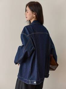 Dazy-Less 女士宽松商务休闲工装风格牛仔夹克，大口袋，适合秋冬季