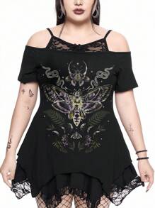 ROMWE Goth 哥特式神秘蛇皮与花卉印花不对称下摆露肩蕾丝吊带黑色加大码 T 恤 - 黑色 - 查看 2